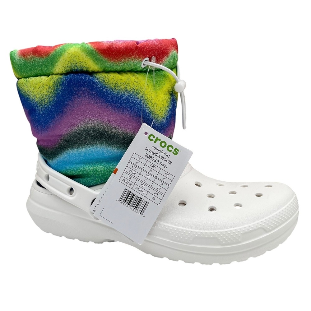 Crocs Big Girls Classic Lined Winter Boots Size J5 White Multi Soft & Warm Shoes